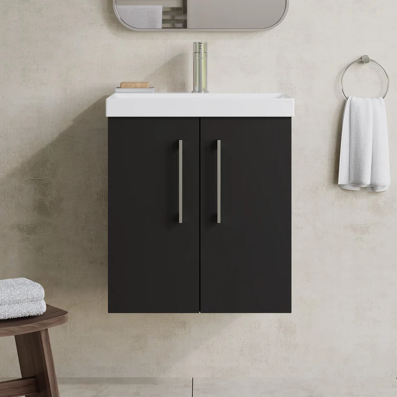 Lana 500mm Wall Hung 2 Door Vanity Unit & Basin - Satin Soft Black