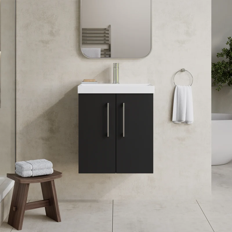 Lana 500mm Wall Hung 2 Door Vanity Unit & Basin - Satin Soft Black