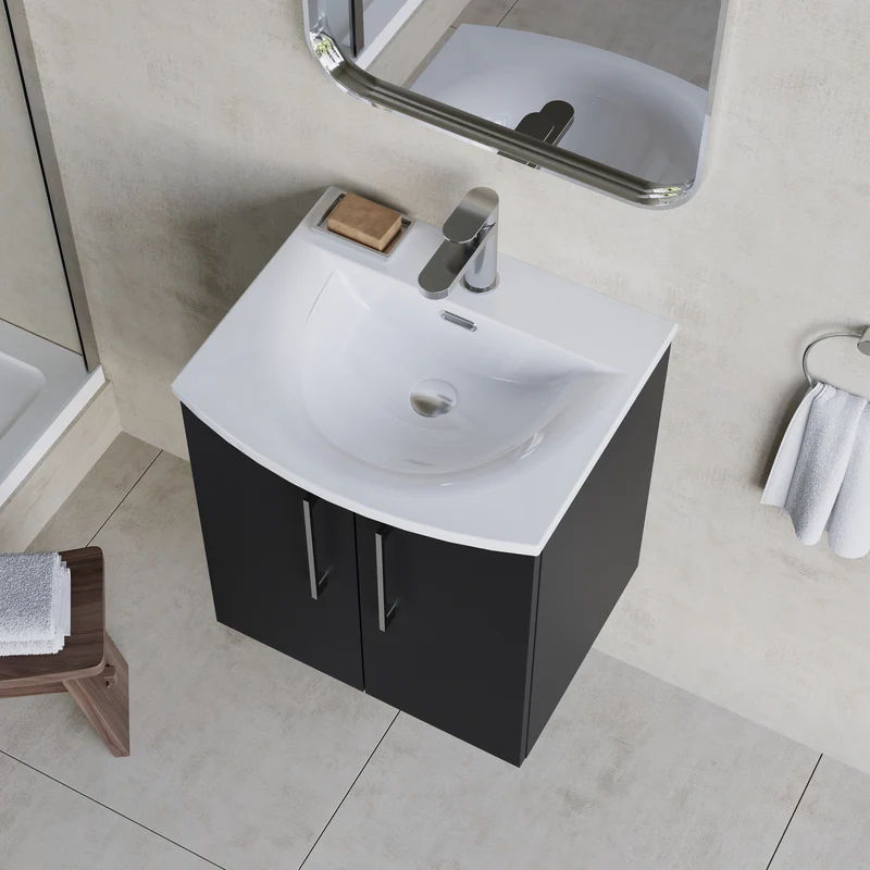 Lana 500mm Wall Hung 2 Door Vanity Unit & Basin - Satin Soft Black