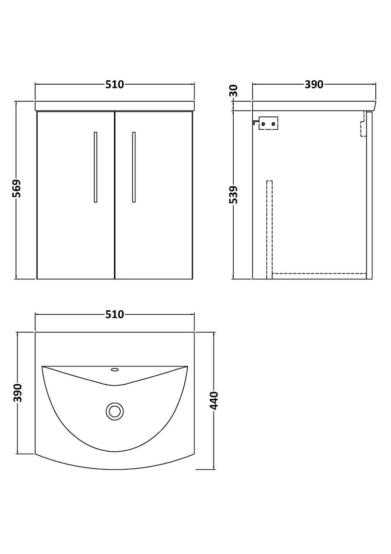 Lana 500mm Wall Hung 2 Door Vanity Unit & Basin - Satin Grey
