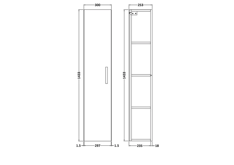 Lana 300mm Wall Hung Tall Storage Unit With 1 Door - Satin Soft Black