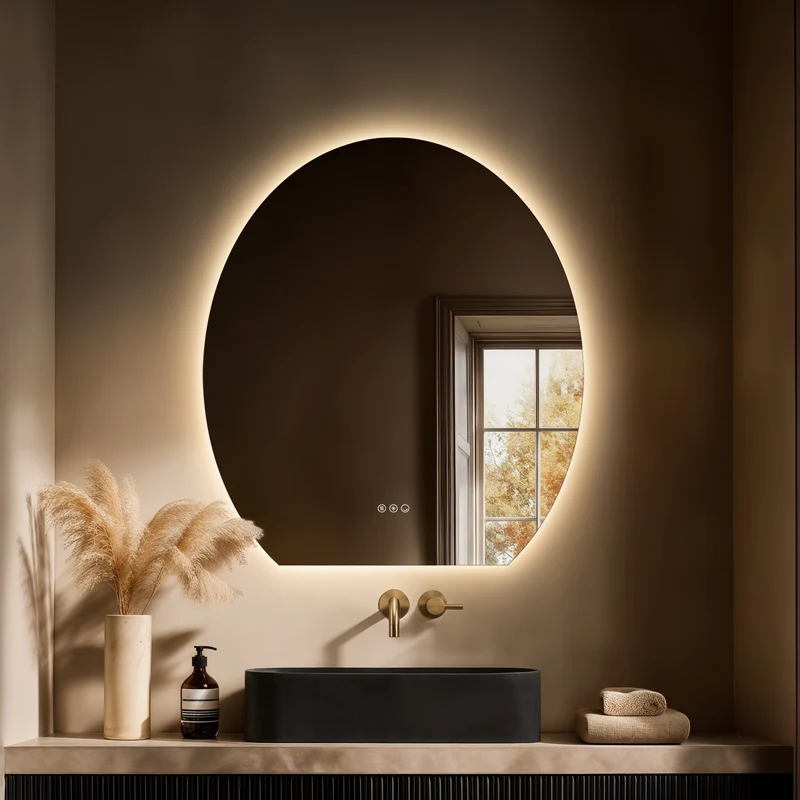 Claris Oval Cut Illuminated Mirror 80 x 90cm with Adjustable Dotless Lighting and Demister