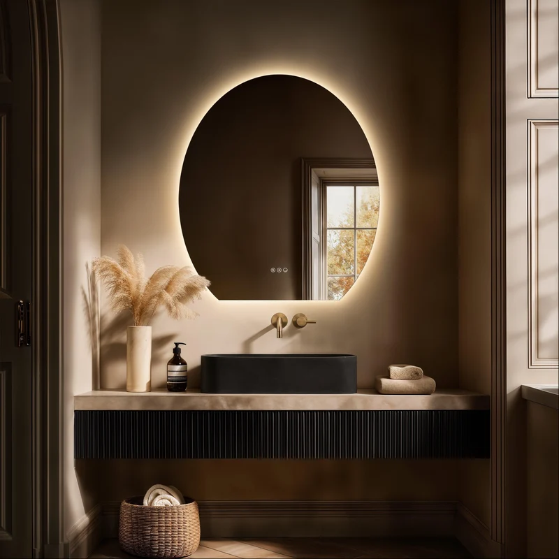 Claris Oval Cut Illuminated Mirror 80 x 90cm with Adjustable Dotless Lighting and Demister
