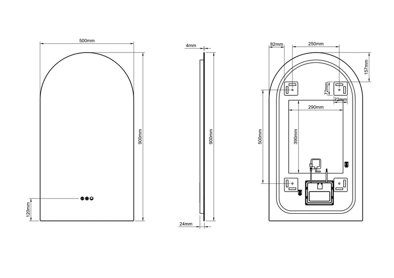 Claris Arch Illuminated Mirror 50 x 90cm with Adjustable Dotless Lighting and Demister