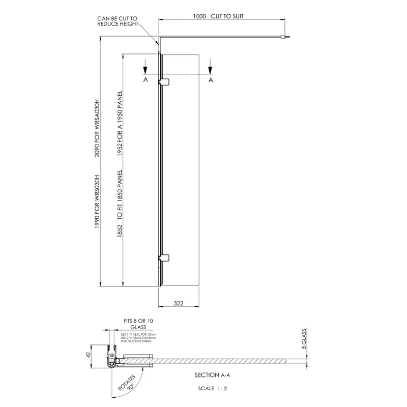 300mm Hinged Return For 8mm, 1950mm Wetroom Screen - Matt Black
