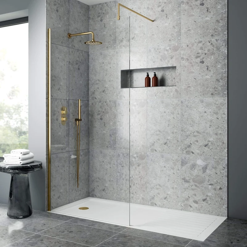 Vista 8mm Brushed Brass 1950mm Walk-In Shower Screen with Slate Effect Walk In Tray & Waste Bundle