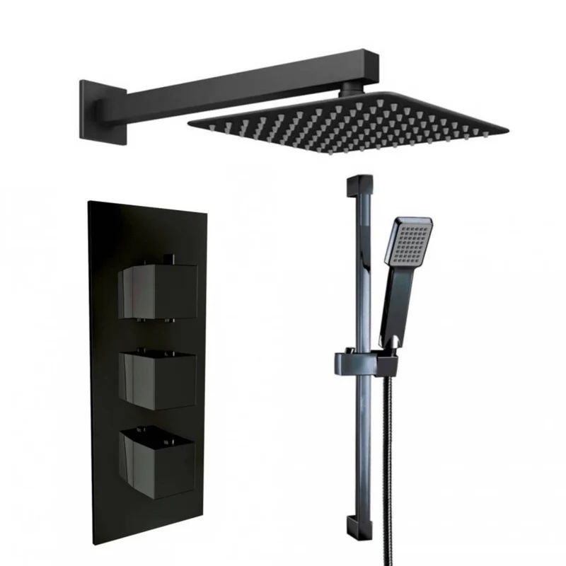 Black Triple Thermostatic Concealed Mixer Shower Kit with Wall Mounted 200mm Shower Head & Slide Rail Kit