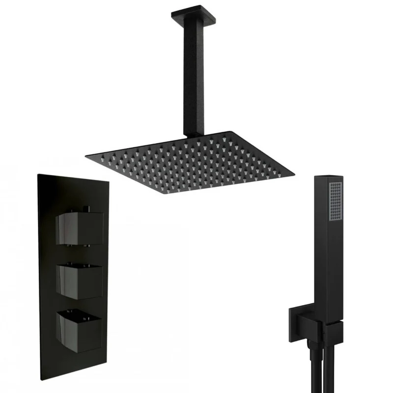 Black Triple Thermostatic Concealed Mixer Shower Kit with Ceiling Mounted 200mm Shower Head & Handset