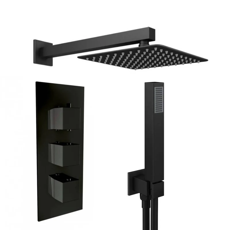 Black Triple Thermostatic Concealed Mixer Shower Kit with Wall Mounted 200mm Shower Head & Handset