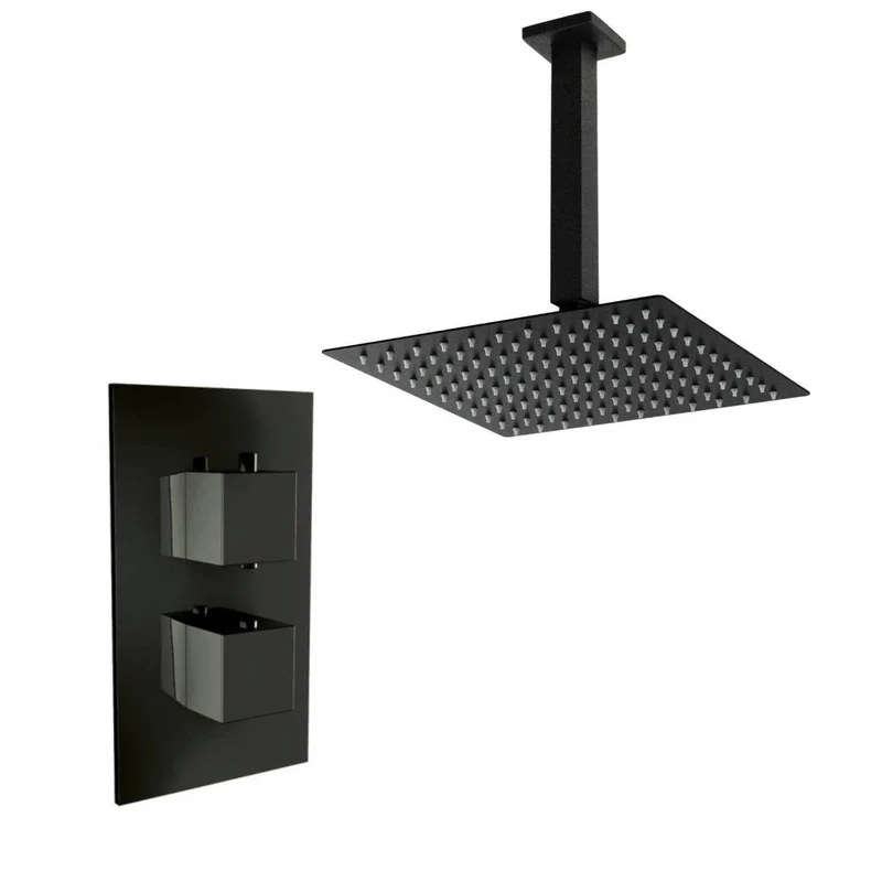 Black Twin Thermostatic Concealed Mixer Shower Kit with Ceiling Mounted 200mm Shower Head