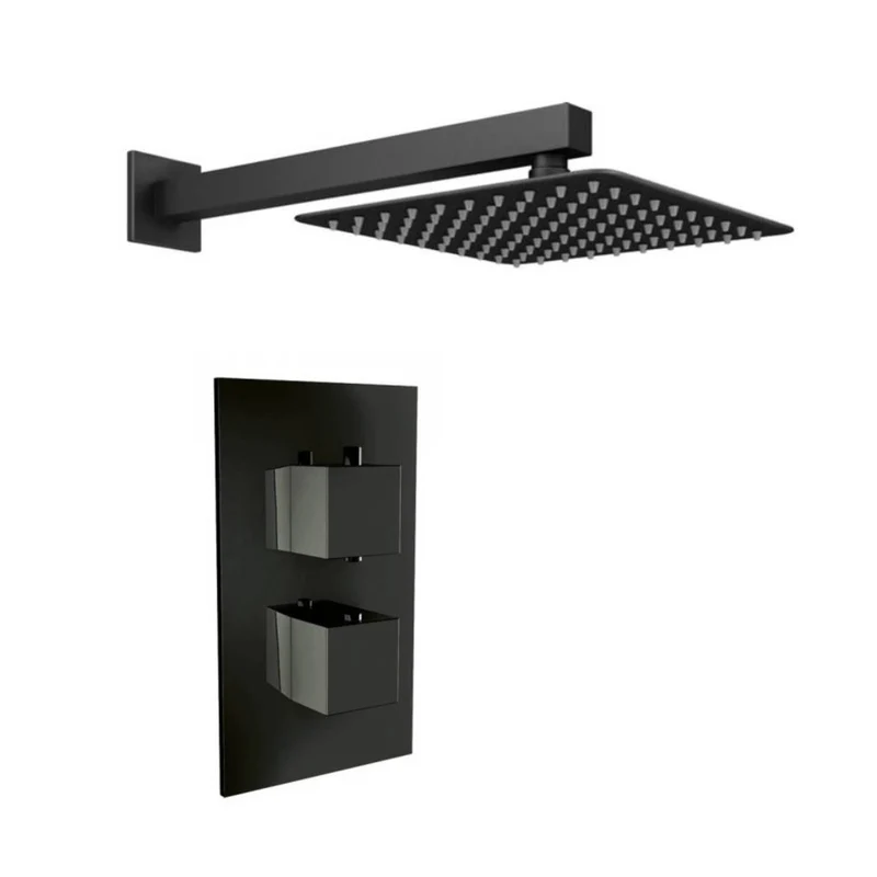 Black Twin Thermostatic Concealed Mixer Shower Kit with Wall Mounted 200mm Shower Head