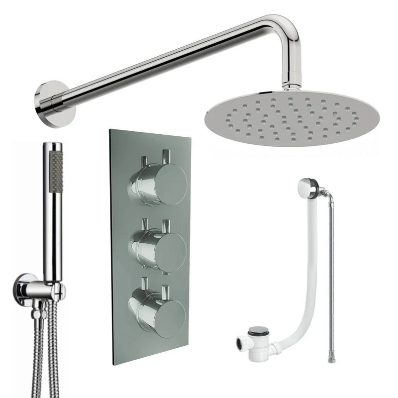 Round Triple Thermostatic Concealed Mixer Shower Kit with Wall Mounted 300mm Shower Head, Handset & Overflow Filler