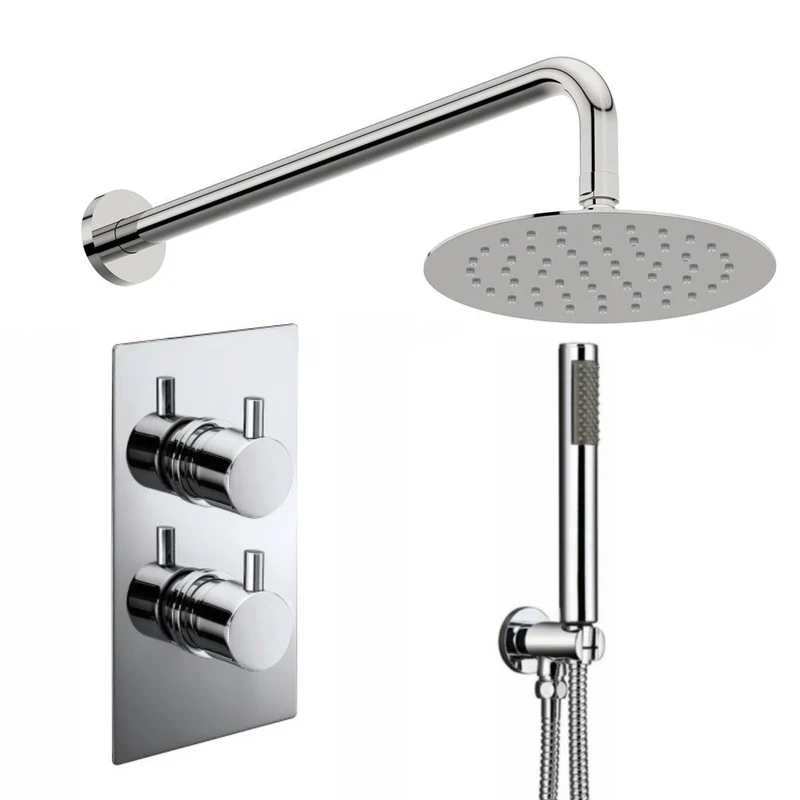 Round Twin Thermostatic Concealed Mixer Shower Kit with Wall Mounted 300mm Shower Head & Handset