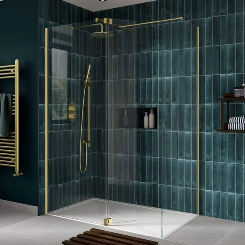 Lustre Brushed Brass 8mm Wetroom Screen, 2000mm Tall With Easy Clean Glass