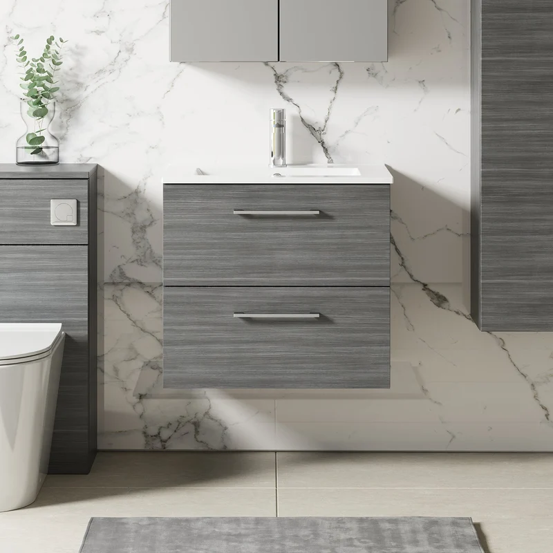 Lana 600mm Wall Hung 2 Drawer Vanity Unit & Basin - Anthracite Woodgrain