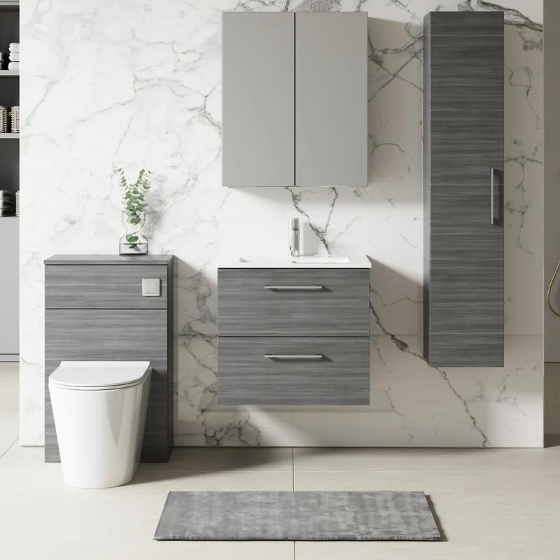 Lana 600mm Wall Hung 2 Drawer Vanity Unit & Basin - Anthracite Woodgrain