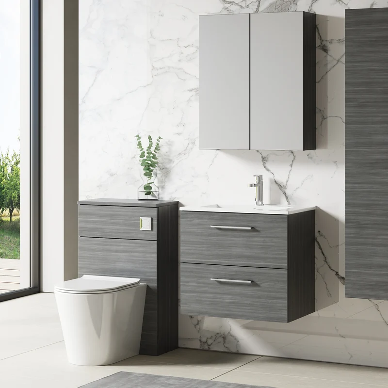 Lana 600mm Wall Hung 2 Drawer Vanity Unit & Basin - Anthracite Woodgrain
