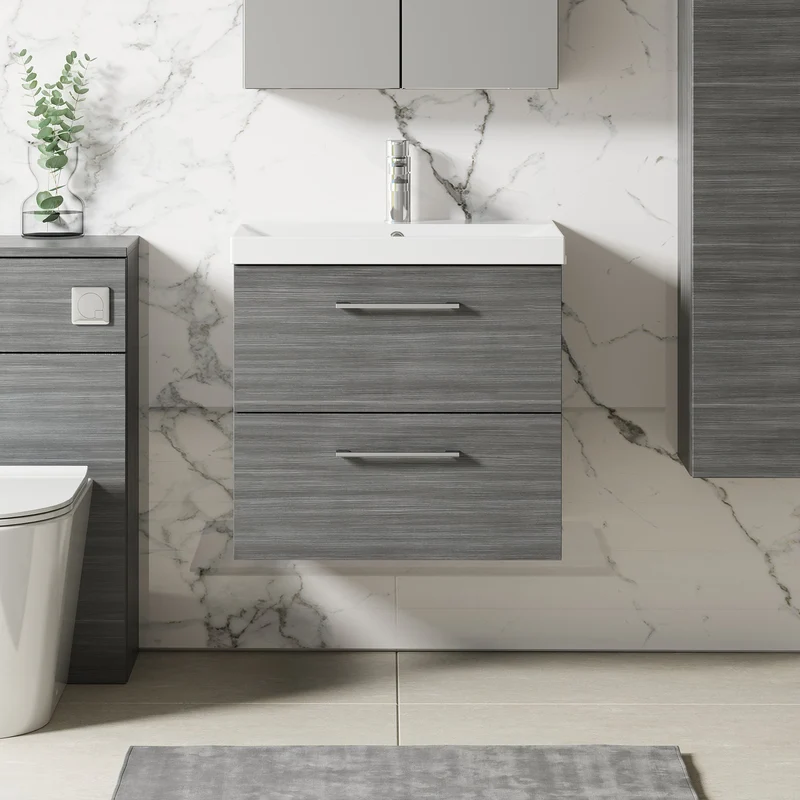 Lana 600mm Wall Hung 2 Drawer Vanity Unit & Basin - Anthracite Woodgrain
