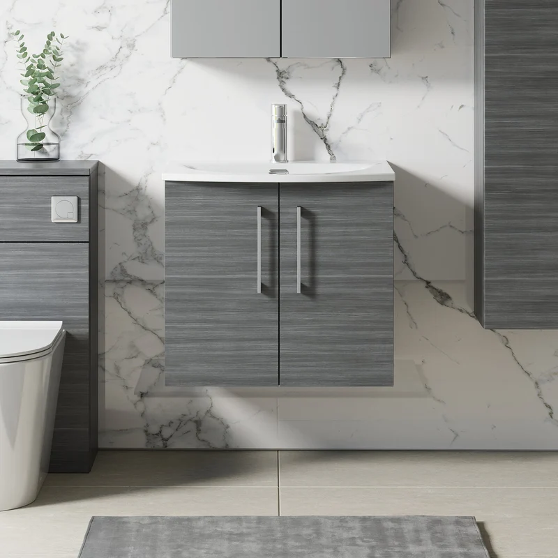 Lana 600mm Wall Hung 2 Drawer Vanity Unit & Basin - Anthracite Woodgrain
