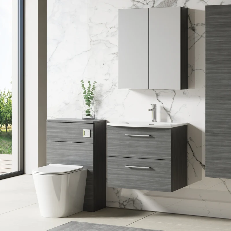 Lana 600mm Wall Hung 2 Drawer Vanity Unit & Basin - Anthracite Woodgrain