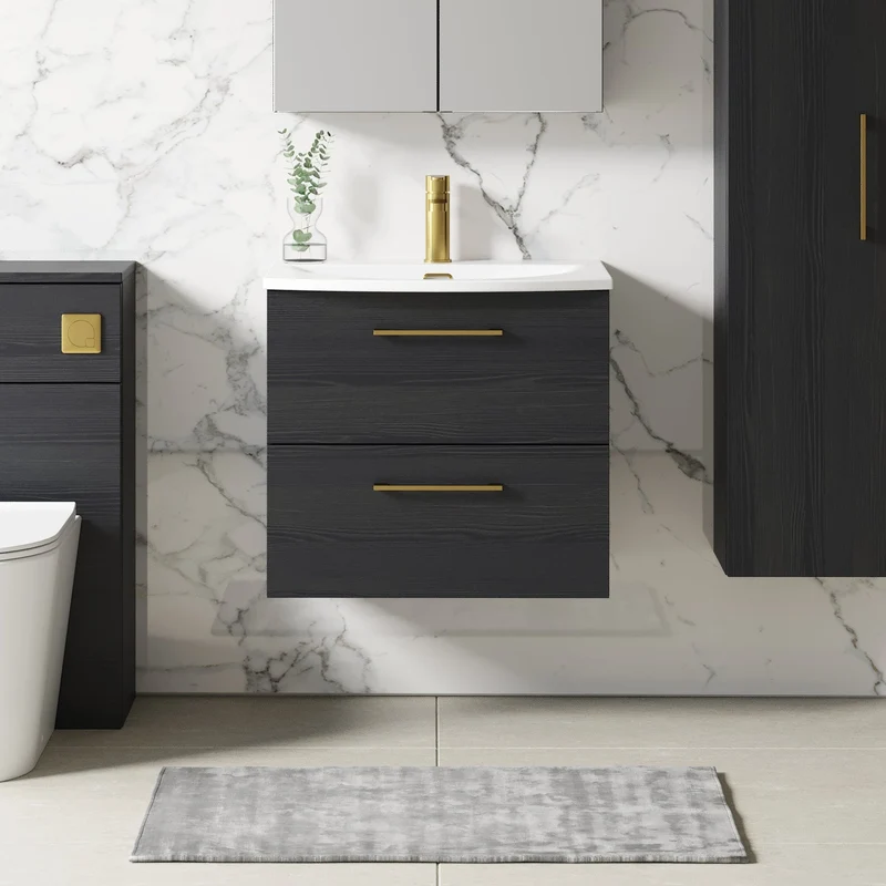 Lana 600mm Wall Hung 2 Drawer Vanity Unit & Basin - Charcoal Black Woodgrain