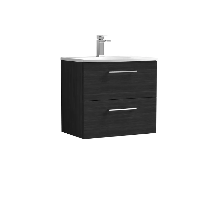 Lana 600mm Wall Hung 2 Drawer Vanity Unit & Basin - Charcoal Black Woodgrain