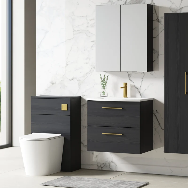 Lana 600mm Wall Hung 2 Drawer Vanity Unit & Basin - Charcoal Black Woodgrain