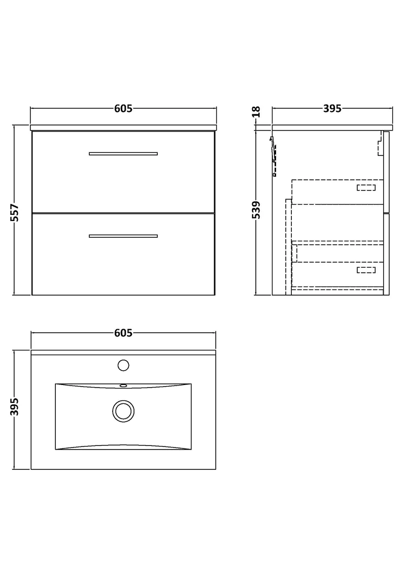 Lana 600mm Wall Hung 2 Drawer Vanity Unit & Basin - Charcoal Black Woodgrain