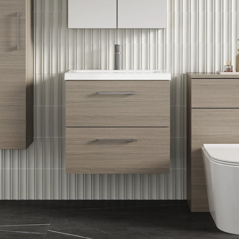 Lana 600mm Wall Hung 2 Drawer Vanity Unit & Basin - Solace Oak