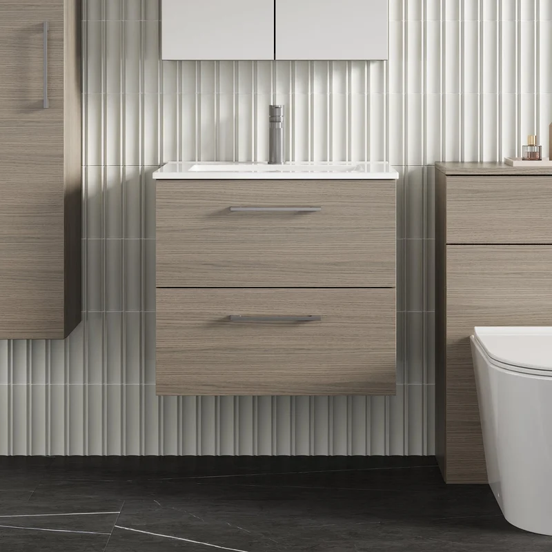 Lana 600mm Wall Hung 2 Drawer Vanity Unit & Basin - Solace Oak