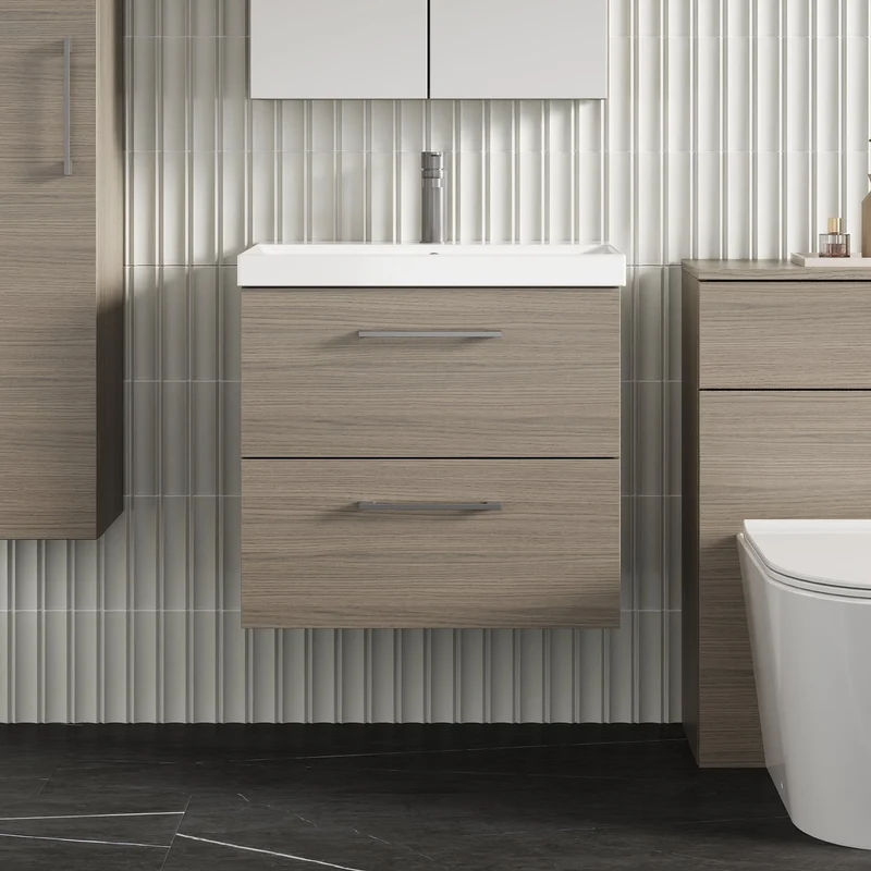 Lana 600mm Wall Hung 2 Drawer Vanity Unit & Basin - Solace Oak