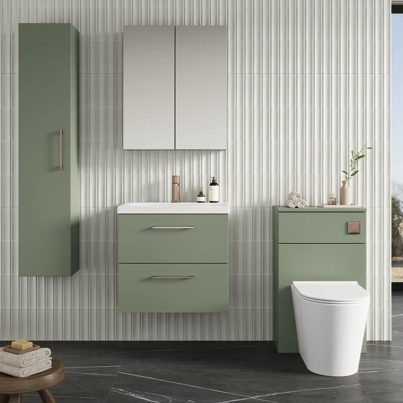 Lana 600mm Wall Hung 2 Drawer Vanity Unit & Basin - Satin Green