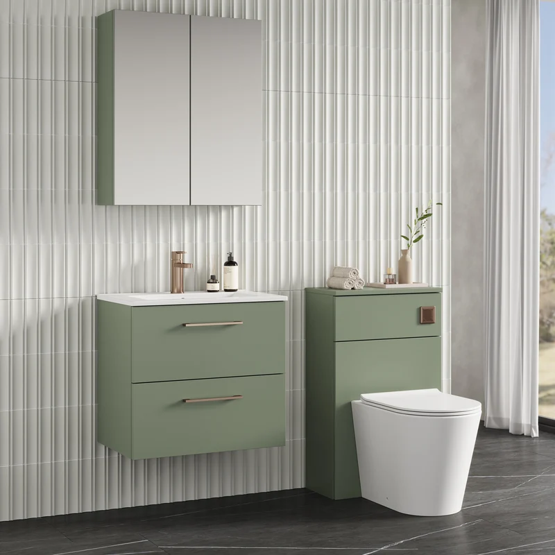 Lana 600mm Wall Hung 2 Drawer Vanity Unit & Basin - Satin Green