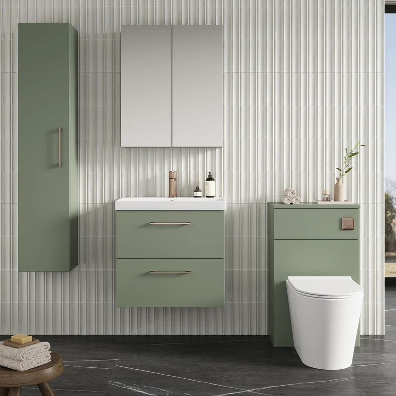 Lana 600mm Wall Hung 2 Drawer Vanity Unit & Basin - Satin Green