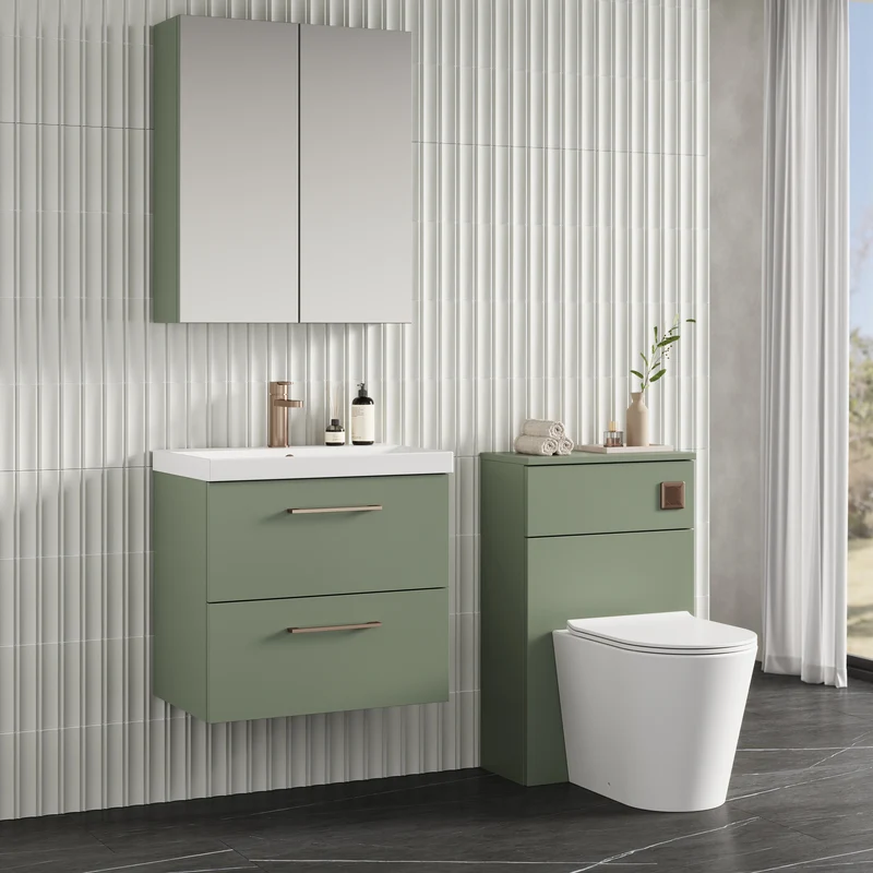 Lana 600mm Wall Hung 2 Drawer Vanity Unit & Basin - Satin Green