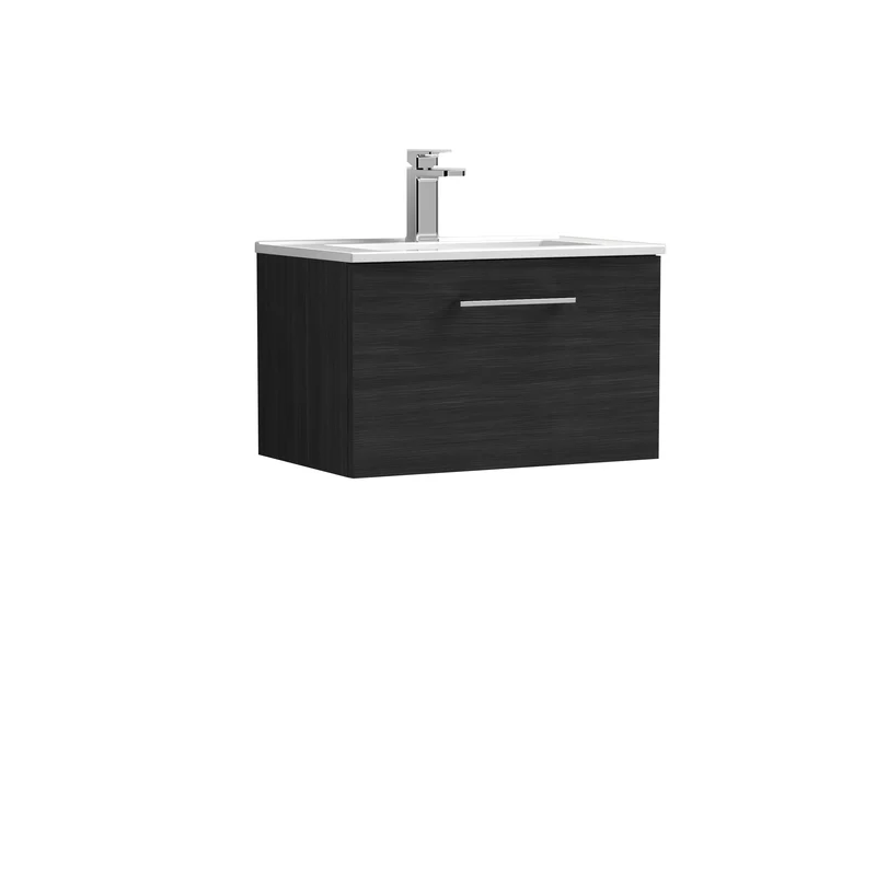 Lana 600mm Wall Hung 1 Drawer Vanity Unit & Basin - Charcoal Black Woodgrain