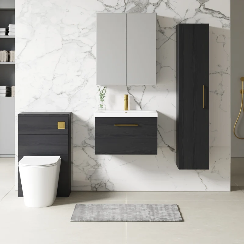 Lana 600mm Wall Hung 1 Drawer Vanity Unit & Basin - Charcoal Black Woodgrain