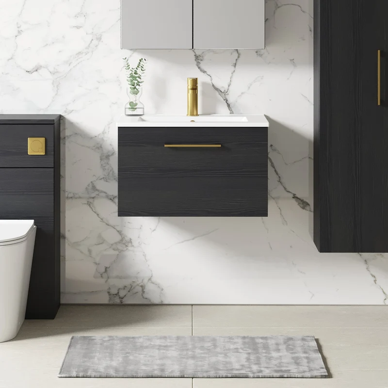 Lana 600mm Wall Hung 1 Drawer Vanity Unit & Basin - Charcoal Black Woodgrain