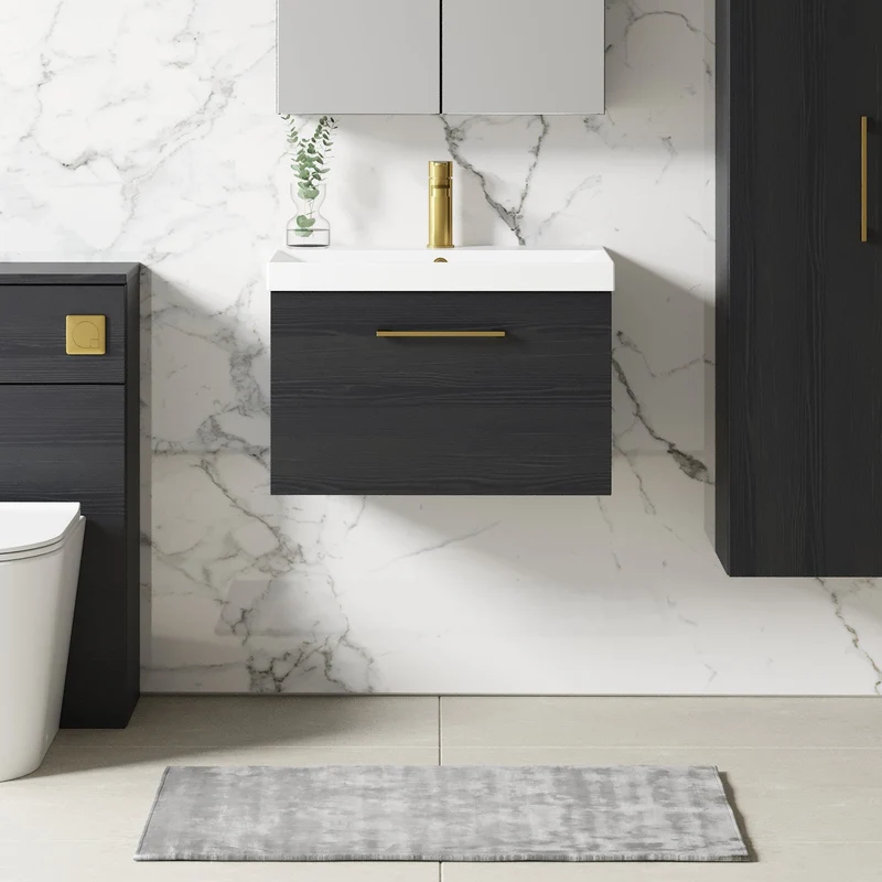 Lana 600mm Wall Hung 1 Drawer Vanity Unit & Basin - Charcoal Black Woodgrain