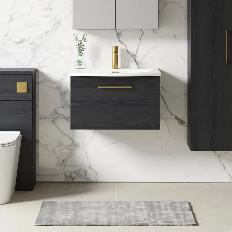 Lana 600mm Wall Hung 1 Drawer Vanity Unit & Basin - Charcoal Black Woodgrain