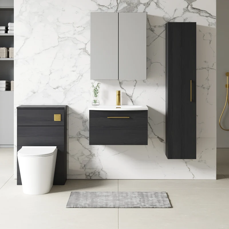Lana 600mm Wall Hung 1 Drawer Vanity Unit & Basin - Charcoal Black Woodgrain