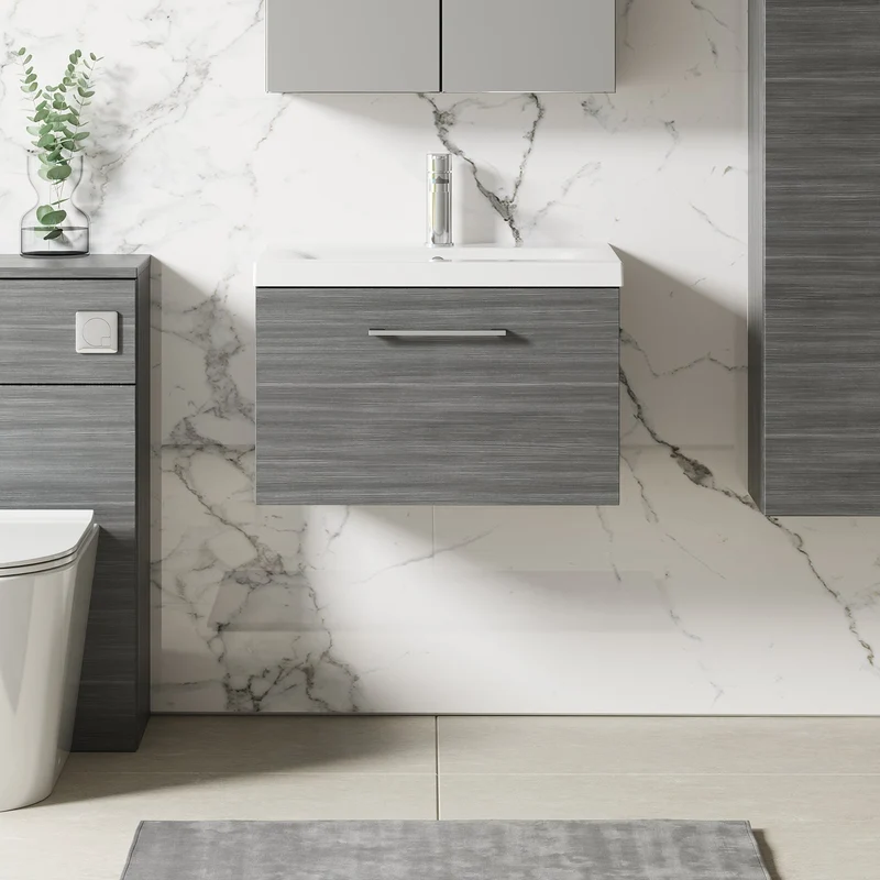 Lana 600mm Wall Hung 1 Drawer Vanity Unit & Basin - Anthracite Woodgrain