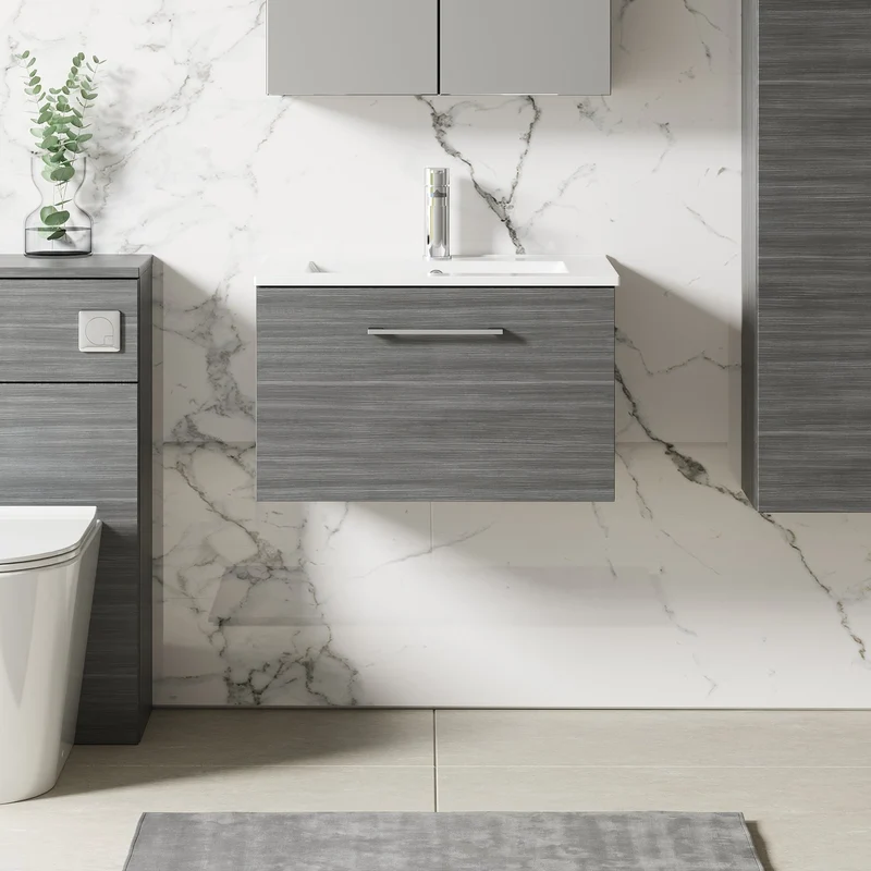 Lana 600mm Wall Hung 1 Drawer Vanity Unit & Basin - Anthracite Woodgrain