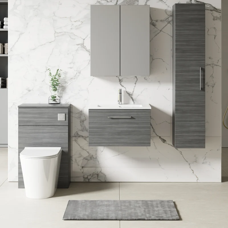 Lana 600mm Wall Hung 1 Drawer Vanity Unit & Basin - Anthracite Woodgrain