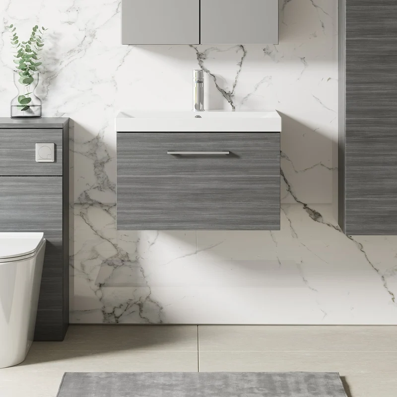 Lana 600mm Wall Hung 1 Drawer Vanity Unit & Basin - Anthracite Woodgrain