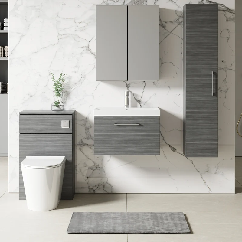 Lana 600mm Wall Hung 1 Drawer Vanity Unit & Basin - Anthracite Woodgrain