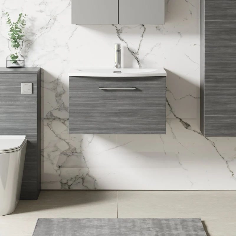 Lana 600mm Wall Hung 1 Drawer Vanity Unit & Basin - Anthracite Woodgrain