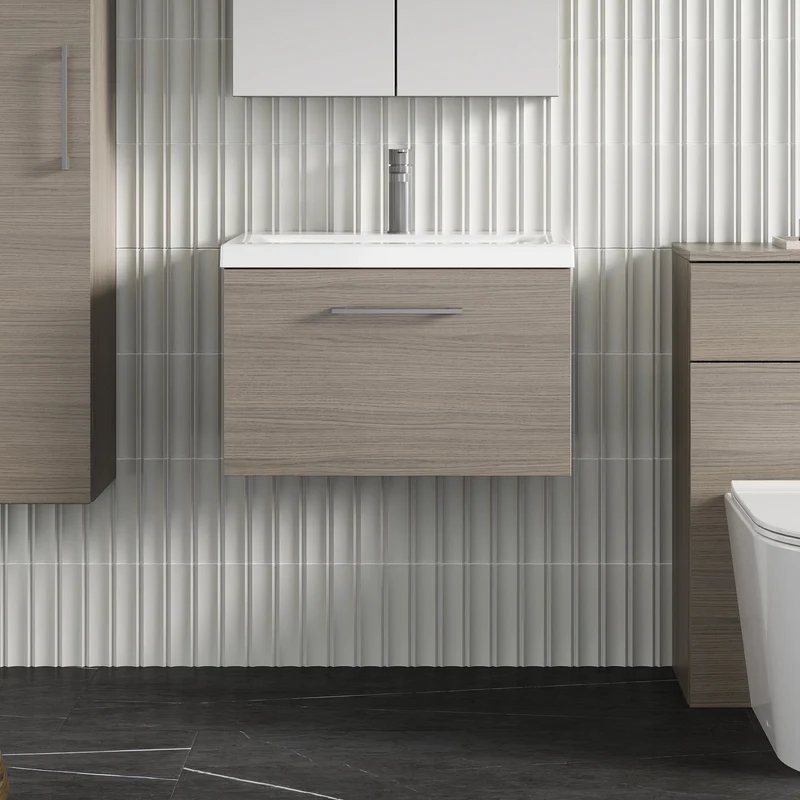 Lana 600mm Wall Hung 1 Drawer Vanity Unit & Basin - Solace Oak