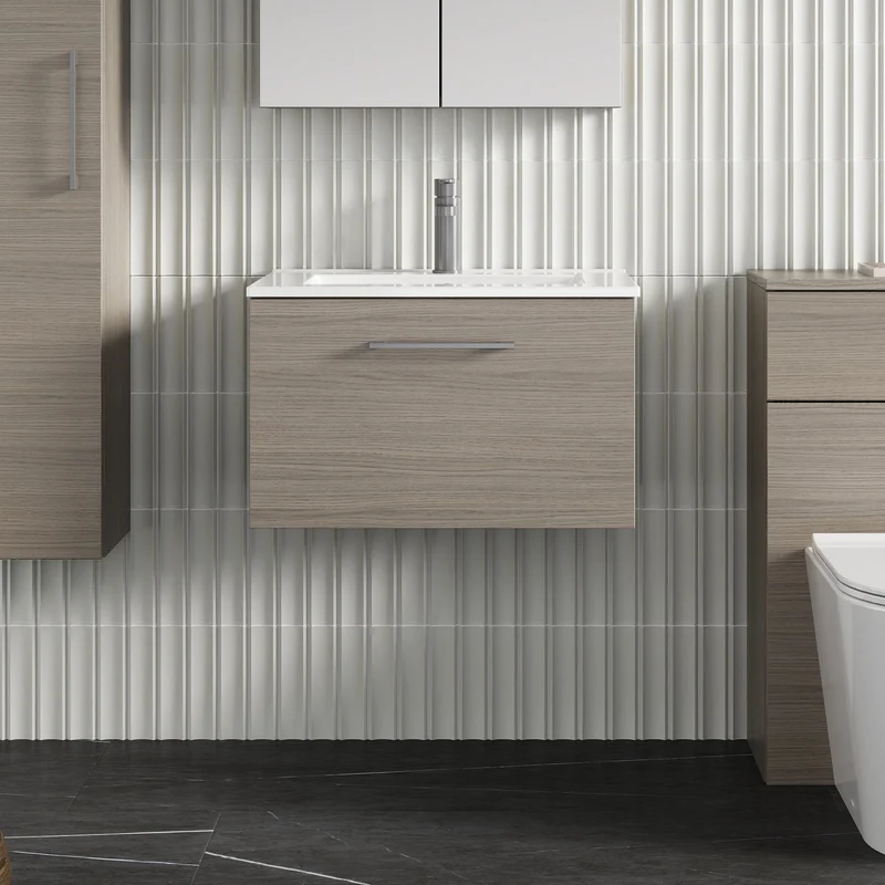 Lana 600mm Wall Hung 1 Drawer Vanity Unit & Basin - Solace Oak