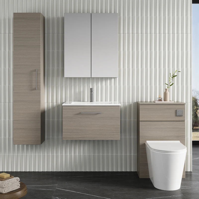 Lana 600mm Wall Hung 1 Drawer Vanity Unit & Basin - Solace Oak